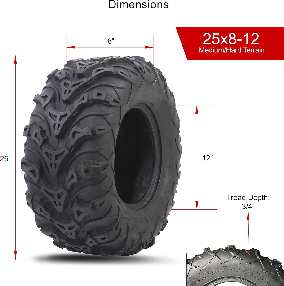 Tusk Mud Force ATV Tire Set ¨C 25x8-12 Front & 25x10-12 Rear ¨C Durable Off-Road Quad Tires Set of 4