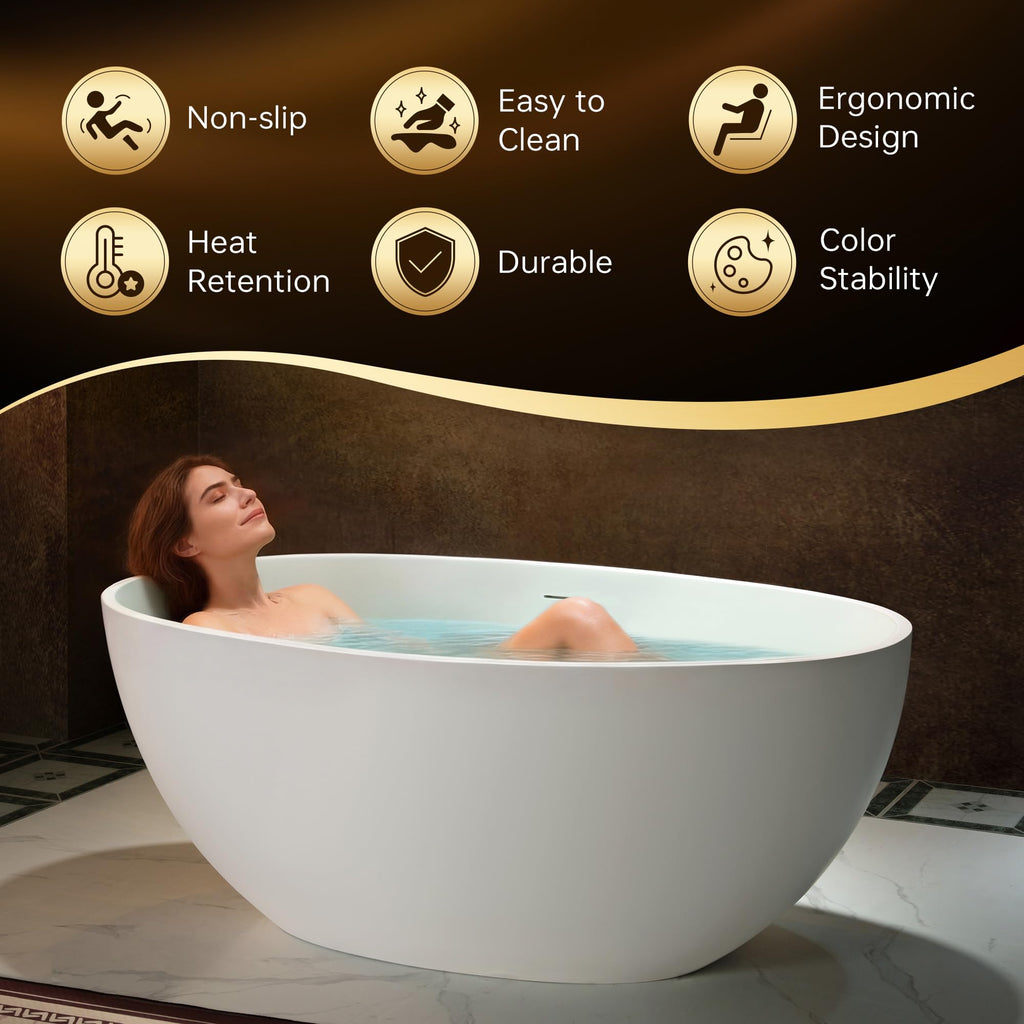 WOODBRIDGE 61" Stone Resin Freestanding Soaking Tub, Modern Oval Solid Surface Bathtub with Integrated Slotted Overflow & Drain, Matte White