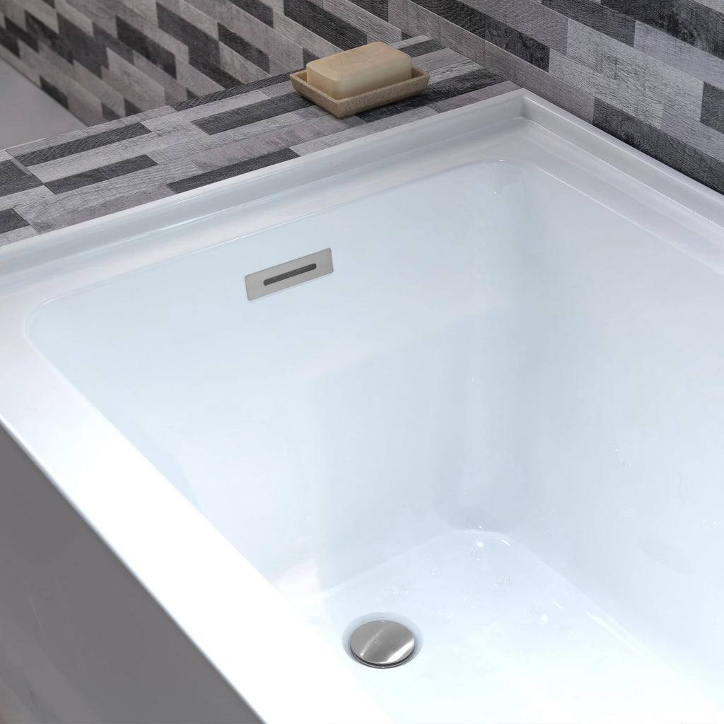 WOODBRIDGE 60" Acrylic Rectangular Alcove Soaking Bathtub in White with Left Drain, Brushed Nickel pop-up Drain Included, LB428-L