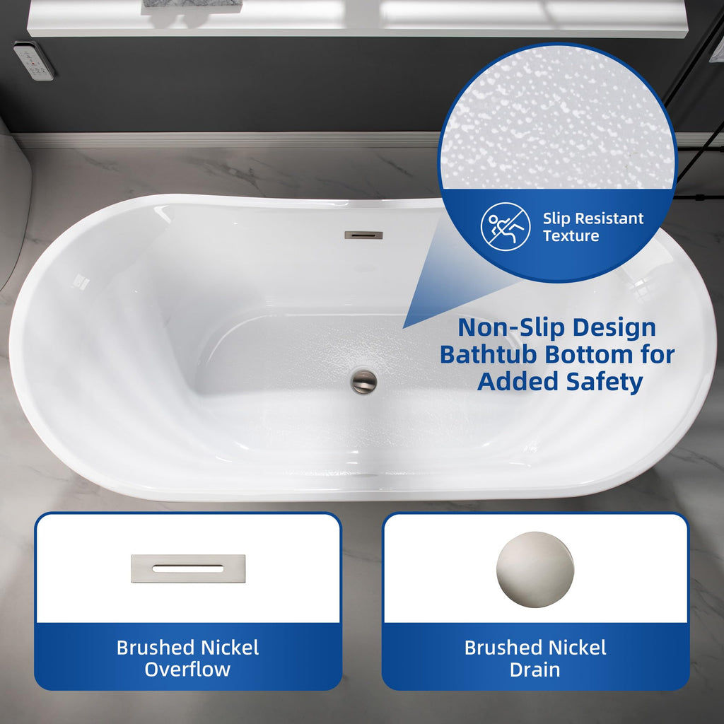WOODBRIDGE 67" Acrylic Freestanding Bathtub Contemporary Soaking White Tub with Brushed Gold Overflow and Drain,B0010-BG