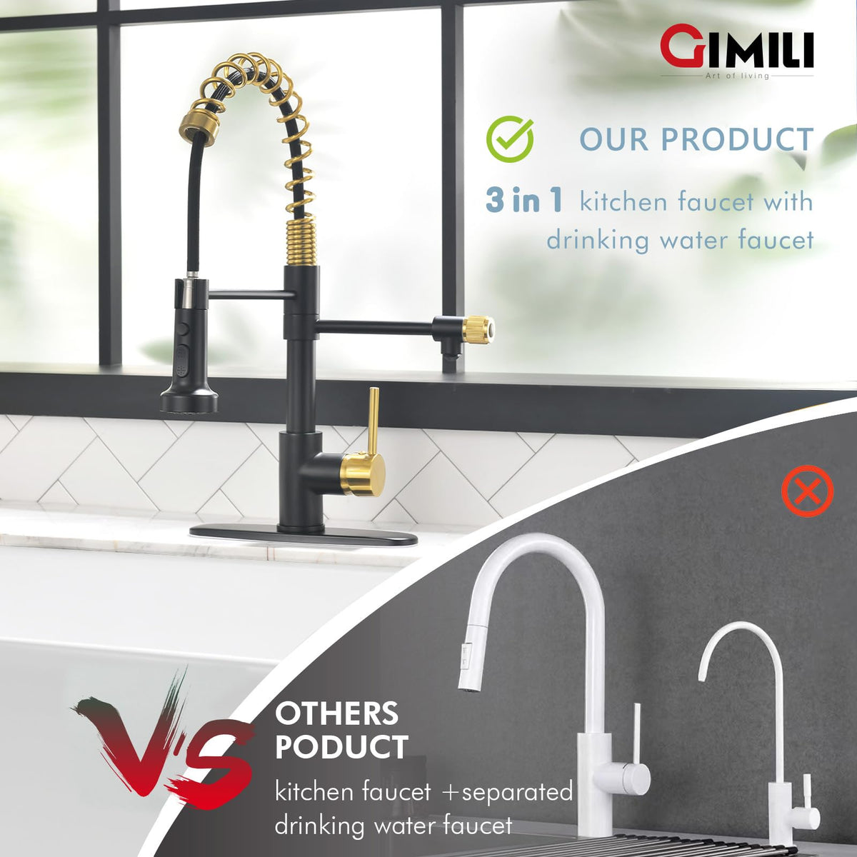 GIMILI Filter Kitchen Faucet Drinking Water Faucet 3 in 1 Brushed Nickel
