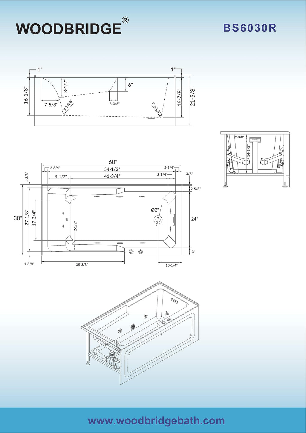 WOODBRIDGE 60" Alcove Acrylic Rectangular Whirlpool Heated Jetted Tub in White with Left Drain, Chrome pop-up Drain Included BS6030L