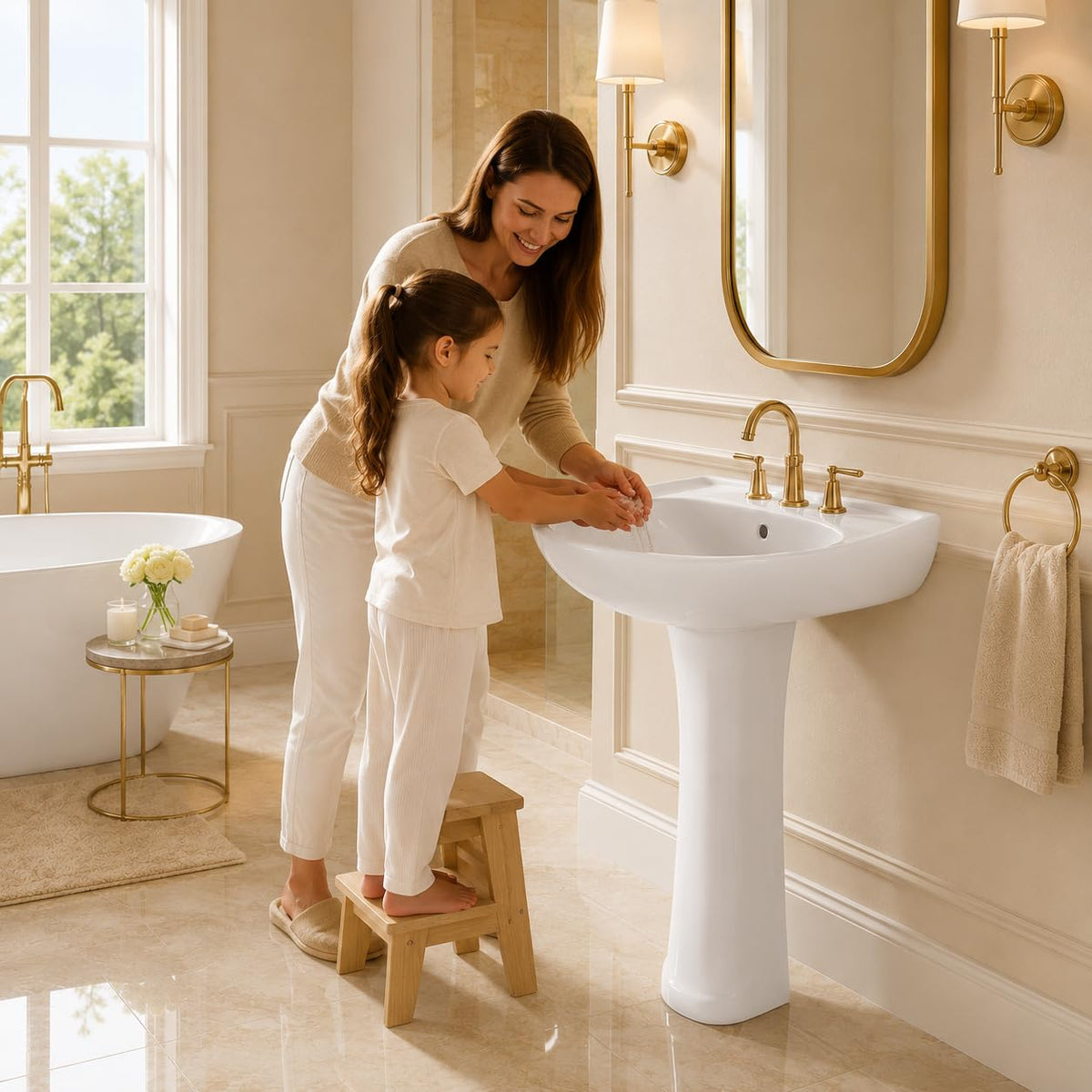 Garvee White Ceramic Pedestal Bathroom Sink, Single Hole Freestanding Basin