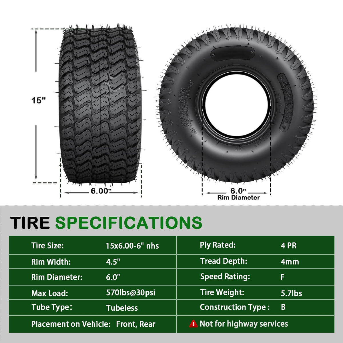 TRIPOWER 24x9.50-12 Lawn Mower Tire, 1 Pack Single Replacement Tire, 4PR Tubeless Turf Tire for Riding Mowers and Garden Tractors, Tire Only, Rim Not Included