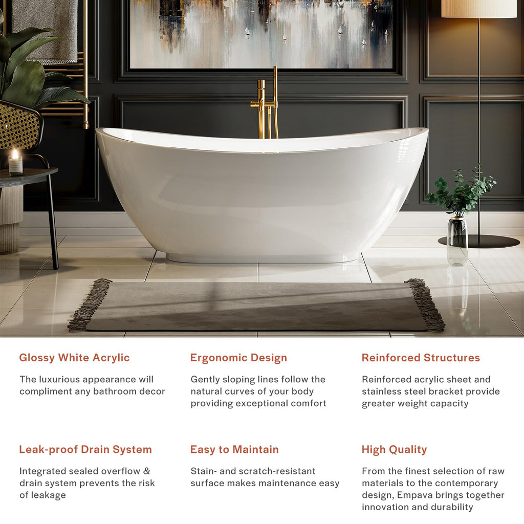 Empava 59 Inch Freestanding Bathtub - Modern Stand Alone Soaking Tubs