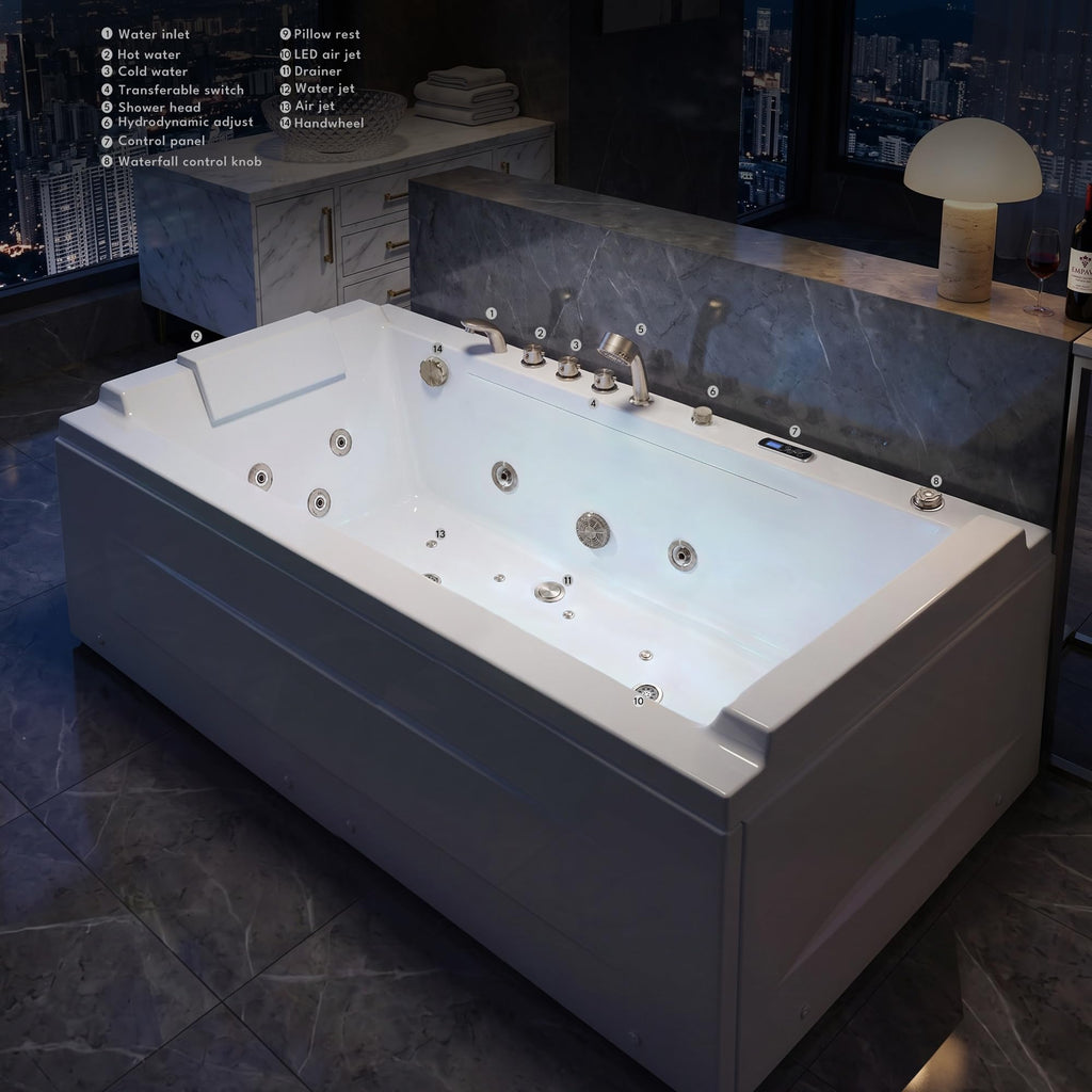 Empava Tub, 71" Jetted Bathtub with Air Bubble Massage & Inline Heater