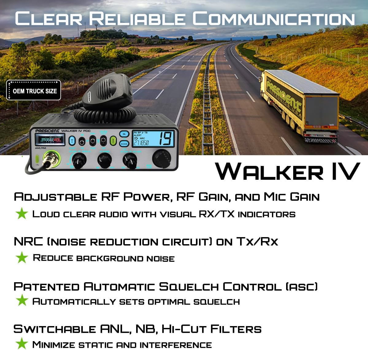 President Walker IV FCC AM/FM Trucker CB Radio with Automatic SWR/SWR Protection, 7-Color LCD with Glow Mode, Automatic Squelch, Noise Reduction, Weather/Alert, VOX Hands-free, USB-C Port, P-channels.