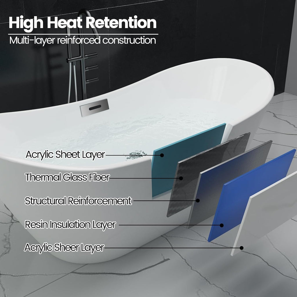 59" Freestanding Bathtub, Acrylic Streamline Stand Alone Soaking Bath Tubs