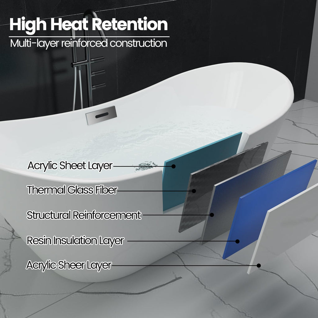 59" Freestanding Bathtub, Acrylic Streamline Stand Alone Soaking Bath Tubs