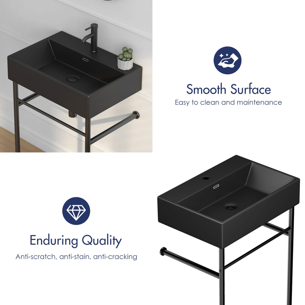 Eridanus 24"x16" Console Bathroom Sink, Free Standing 30 Inch Stainless Steel Support Pedestal Legs, Wall Mount White Vessel Ceramic Vanity Basin, Modern Rectangular Sinks Porcelain, Matte Black