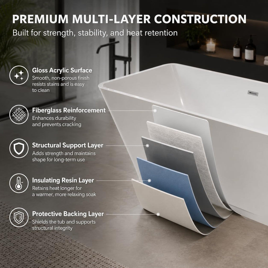 59" Acrylic Freestanding Soaking Bathtub, Deep Ergonomic Design with Lumbar Support, Integrated Overflow Drain, Non-Slip Base,cUPC Certified Modern Bathroom Tub, Easy Installation for Bathroom