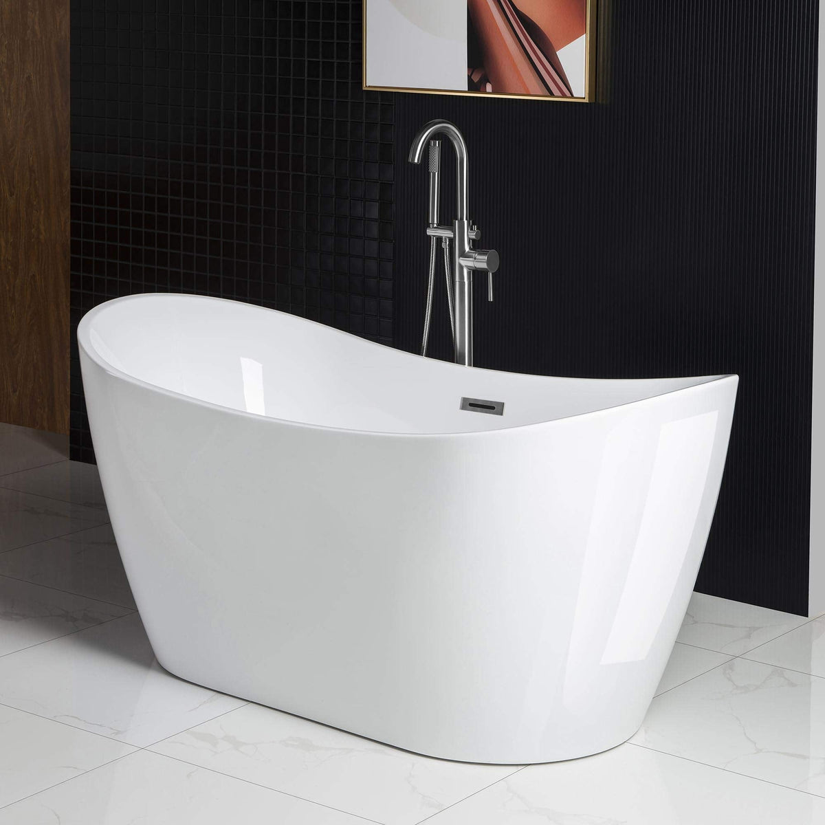 WOODBRIDGE 67" Acrylic Freestanding Bathtub Contemporary Soaking White Tub with Brushed Gold Overflow and Drain,B0010-BG