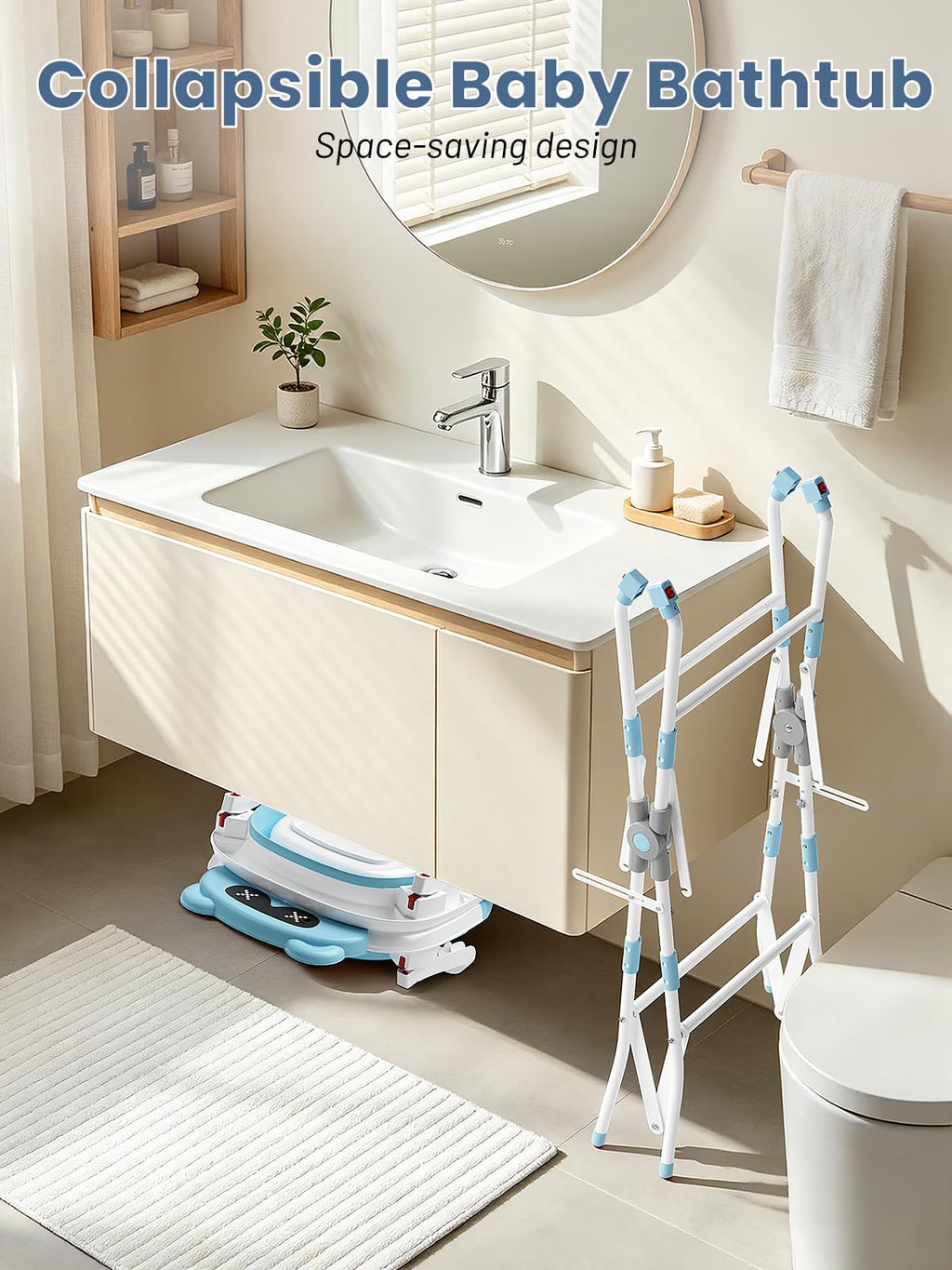 Baby Bathtub with Stand, Foldable Metal Standing Baby Bath Tub, 3-in-1 Anti-Slip Collapsible Tub with Cushion Storage Pad, Elevated Design for Newborn Toddler, Gray