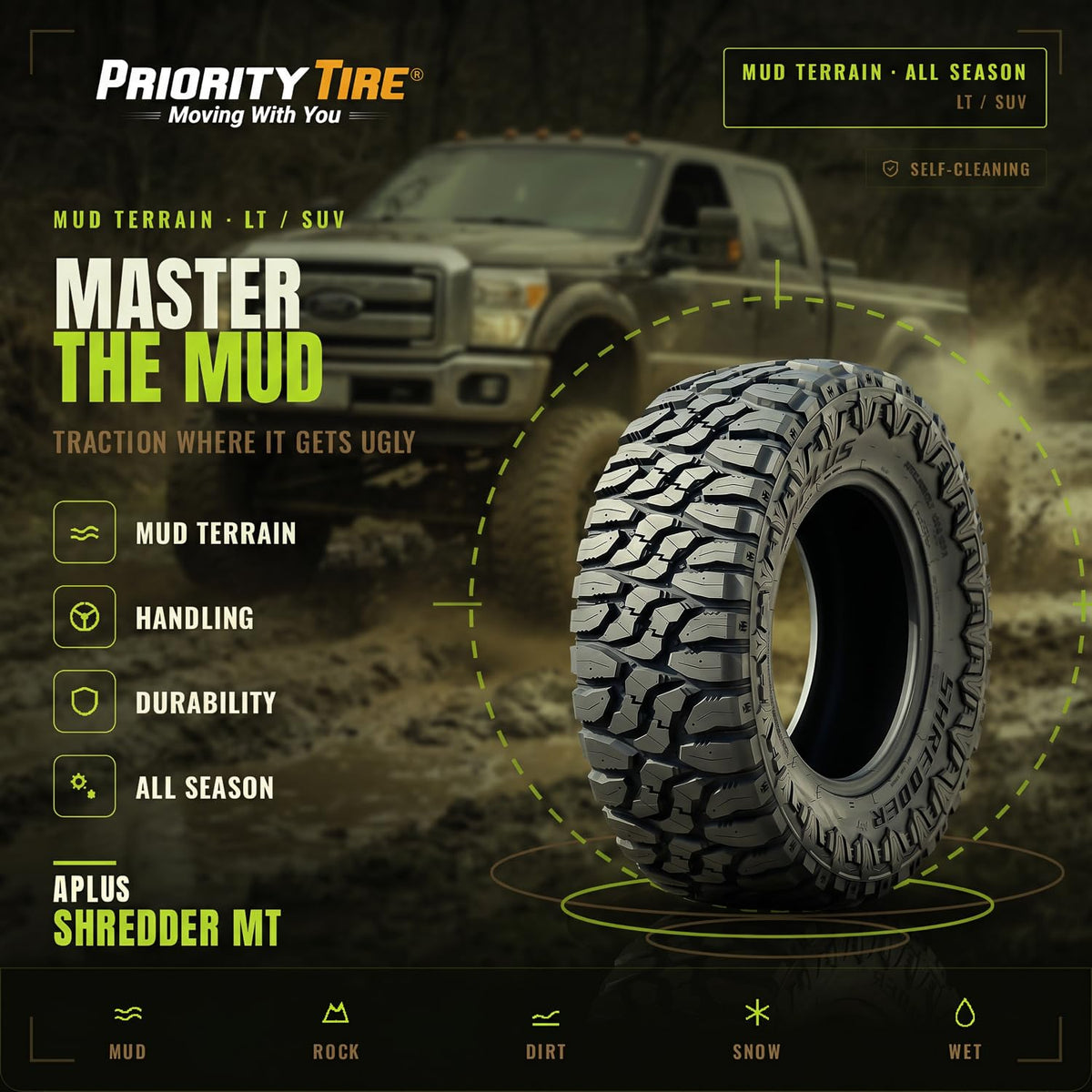 Aplus Shredder MT M/T Mud Off-Road Light Truck Radial Tire-LT245/75R16 245/75/16 245/75-16 120/116Q Load Range E LRE 10-Ply BSW Black Side Wall