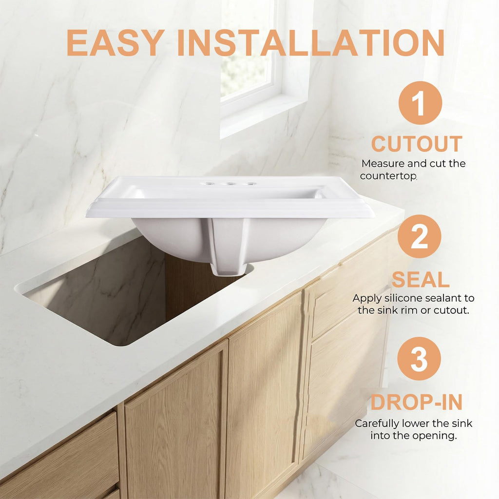23" Drop-in Bathroom Sink with 8" Widespread 3 Hole Ceramic Basin