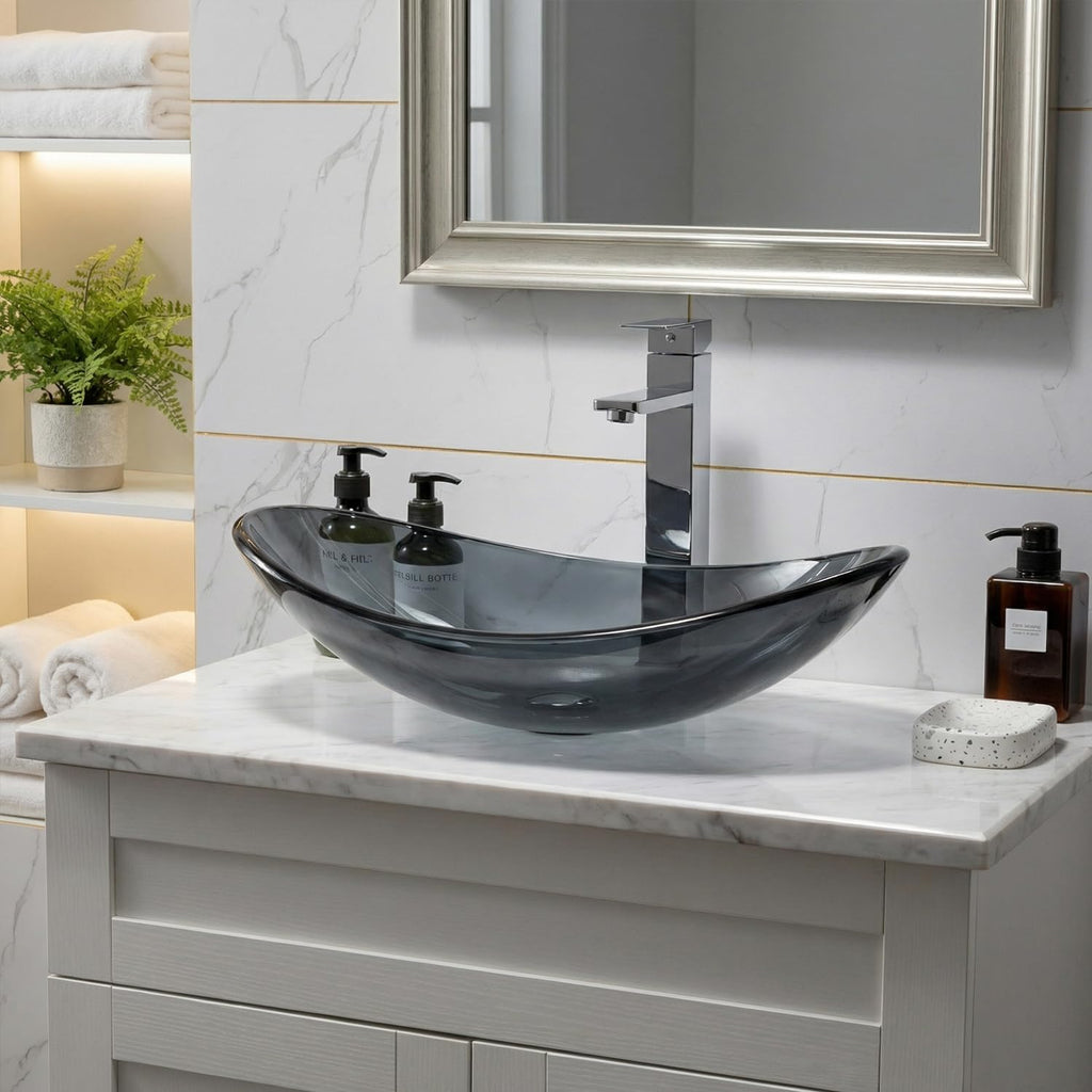 Bathroom Boat Shape Artistic Glass Vessel Sink, Gold