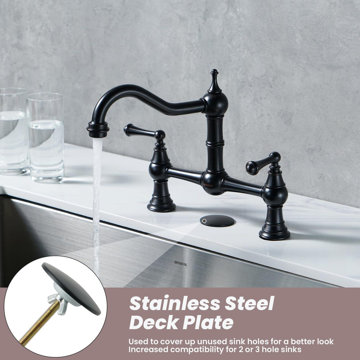 WOWOW Brass Bridge Kitchen Faucet 4 Hole with Side Sprayer, Brushed Gold