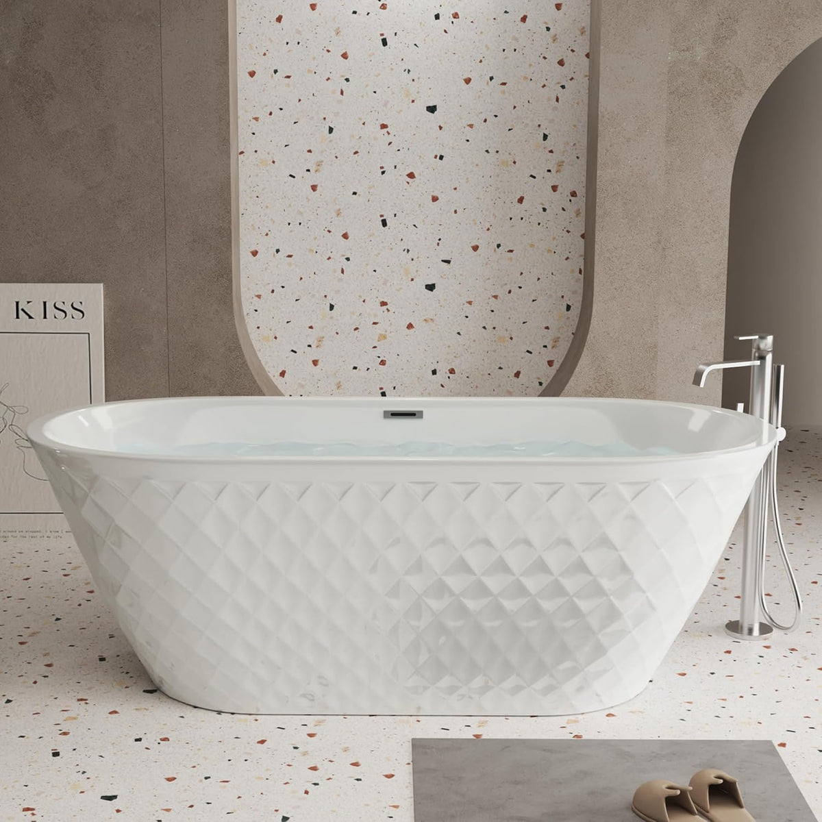GDFStudio 67" Acrylic Freestanding Bathtub with Diamond Pattern, Modern Oval Soaking Tub, Freestanding Bath Spa Tub, Brushed Nickel Overflow & Pop-Up Drain, cUPC Certified, Glossy White