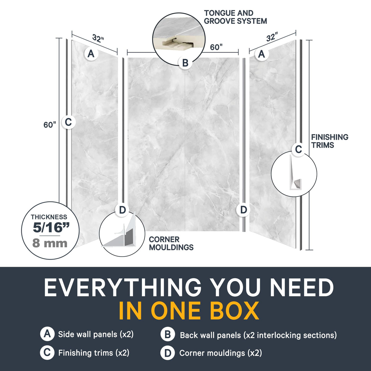 Bathtub Surround Kits - Waterproof Wall Panels - 60''32"60'' - Basalt