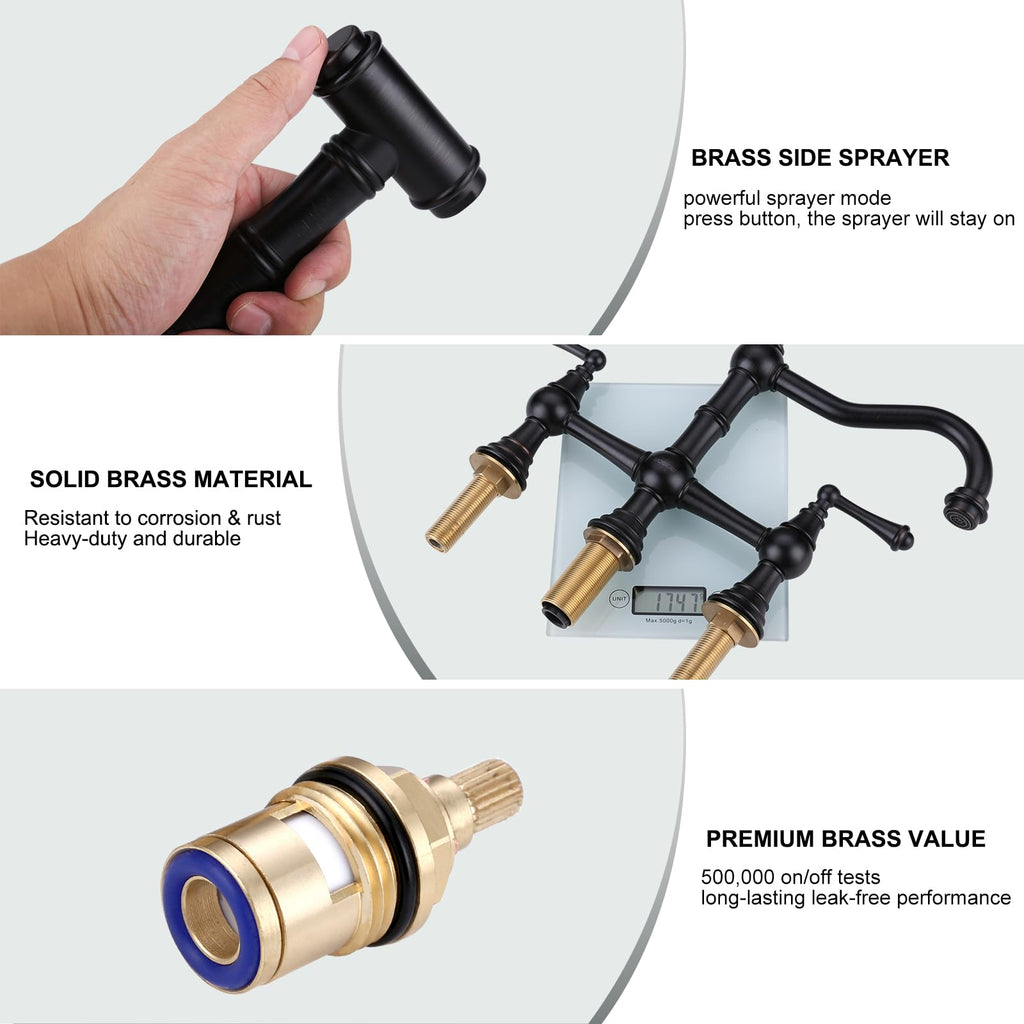 WOWOW Brass Bridge Kitchen Faucet 4 Hole with Side Sprayer, Brushed Gold