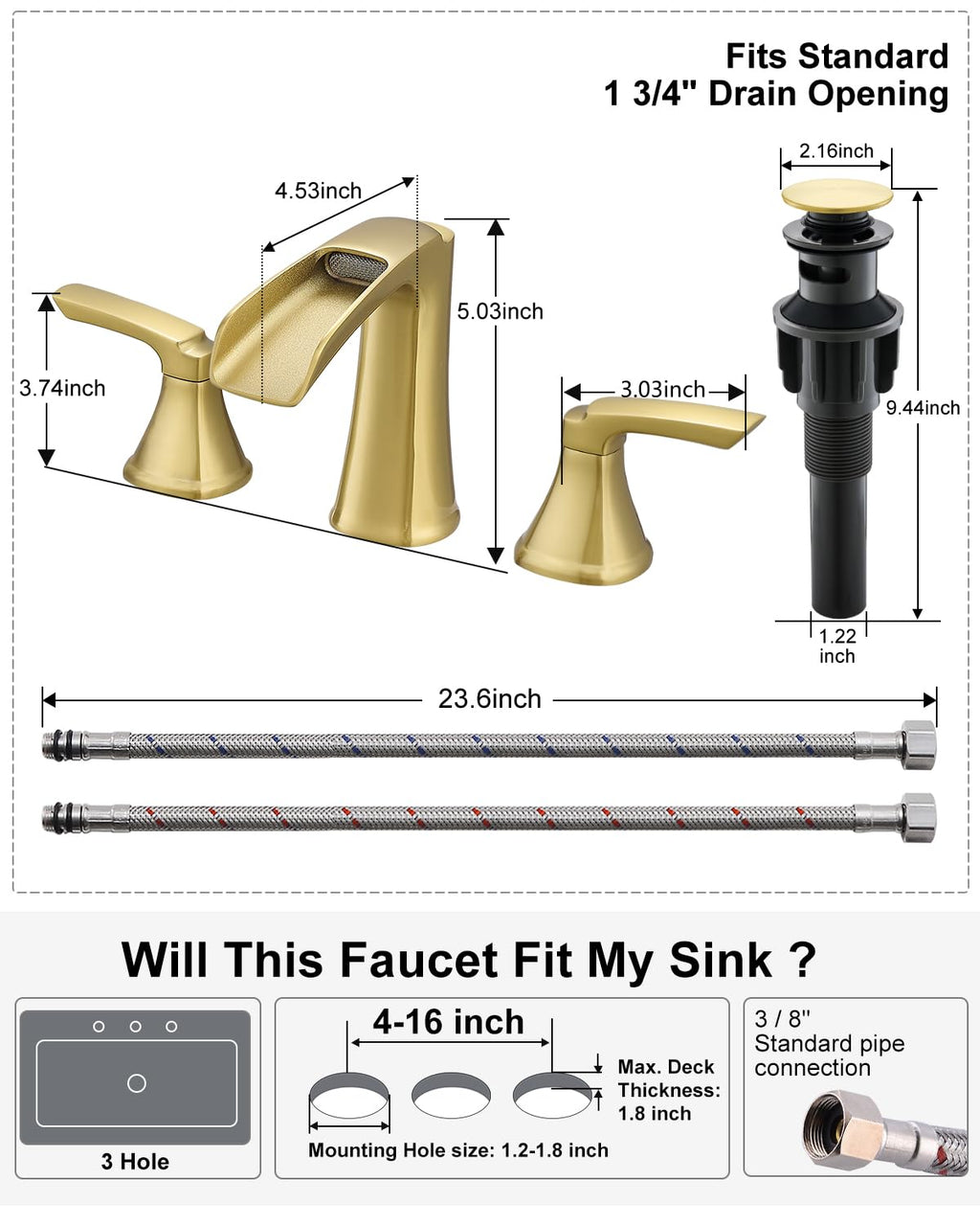 Fapully Brushed Nickel Bathroom Faucet 3 Hole, Waterfall 8 Inch Widespread Bathroom Sink Faucet with Pop-up Drain, Two-Handle Faucet for Bathroom Sink