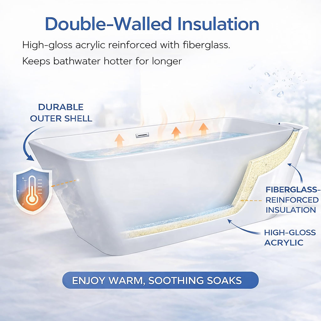 59" Acrylic Freestanding Bathtub, Modern Soaking Tub with Matte Drain and Overflow, Ergonomic Deep Design, Double-Walled Insulation, CUPC Certified, Easy Clean, Slip-Resistant, Gloss White