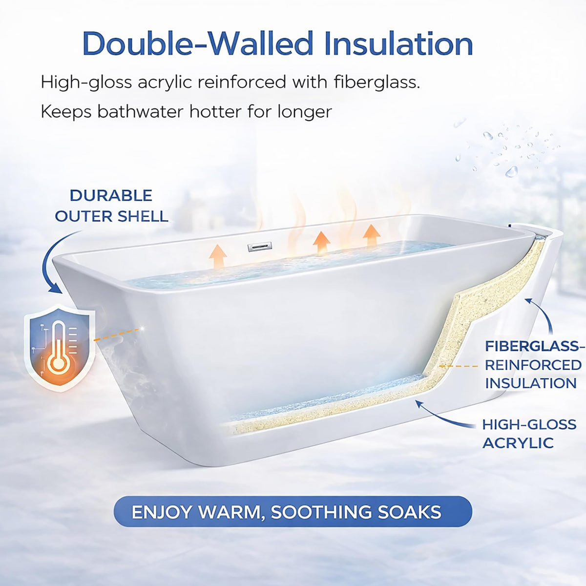 59" Acrylic Freestanding Bathtub, Modern Soaking Tub with Matte Drain and Overflow, Ergonomic Deep Design, Double-Walled Insulation, CUPC Certified, Easy Clean, Slip-Resistant, Gloss White