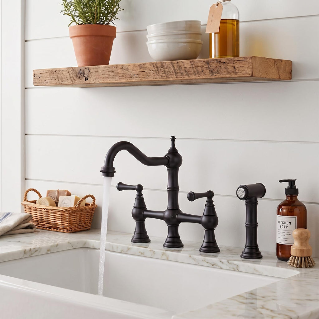 WOWOW Brass Bridge Kitchen Faucet 4 Hole with Side Sprayer, Brushed Gold