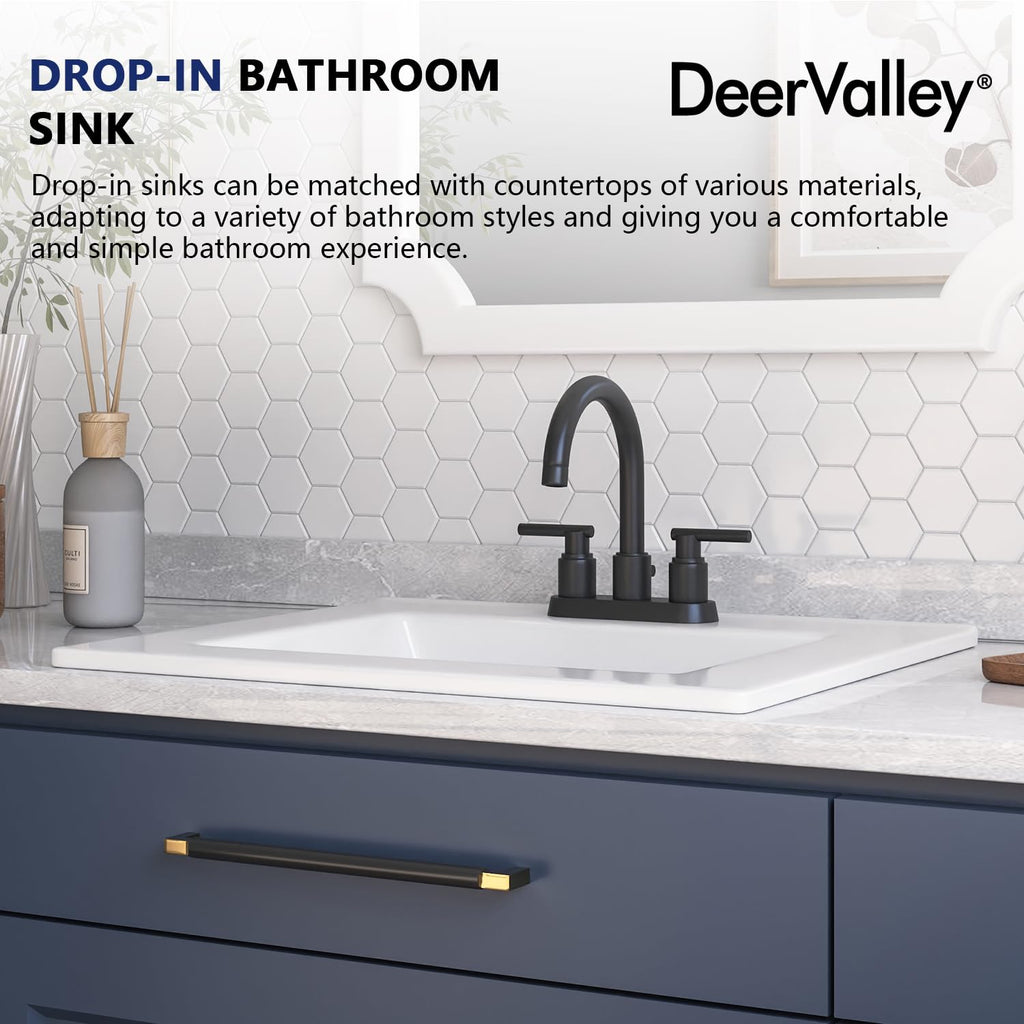 DeerValley Drop In Bathroom Sink White 21"x18" Rectangle Sleek 3-Hole Basin