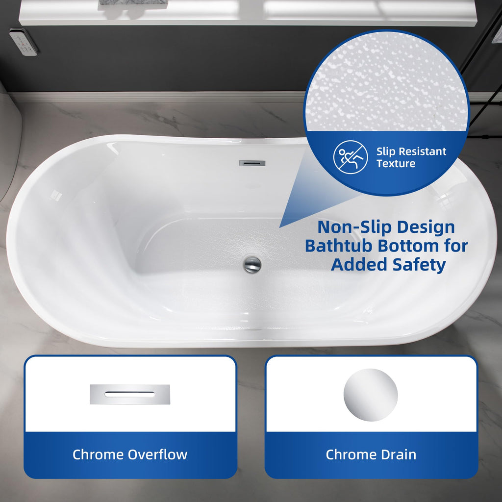 WOODBRIDGE 71" Acrylic Freestanding Bathtub Contemporary Soaking White Tub with Brushed Gold Overflow and Drain,B0017-BG