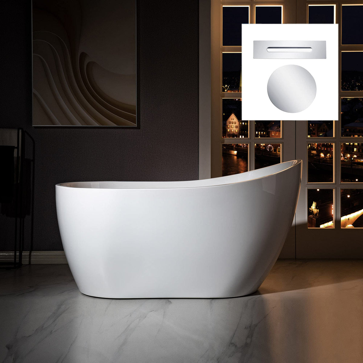 WOODBRIDGE 54" Acrylic Freestanding Bathtub Contemporary Soaking White Tub with Matte Black Overflow and Drain,B0006-MB