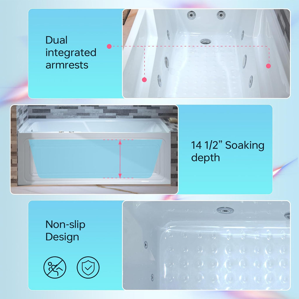 WOODBRIDGE 60" Alcove Acrylic Rectangular Whirlpool Heated Jetted Tub in White with Left Drain, Chrome pop-up Drain Included BS6030L