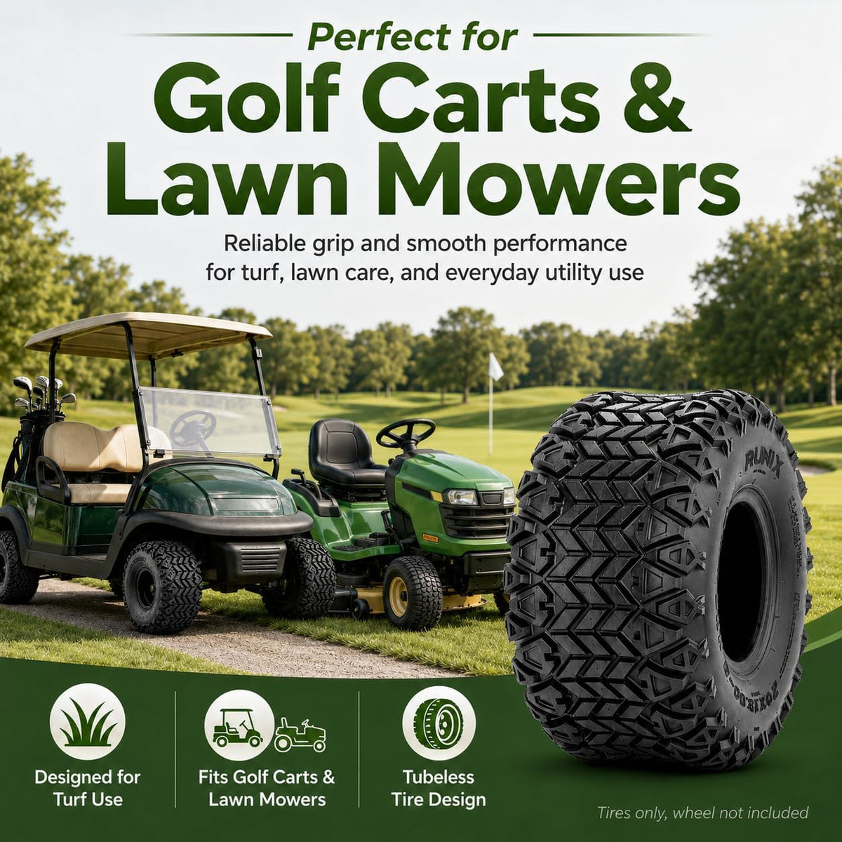 RUNIX 18X8.50-8 Tires, Premium Rubber Set of 2, Golf Cart Tires, Riding Lawn Mower Tires,Superior Traction, TURF, Tubeless, 18X8.5X8