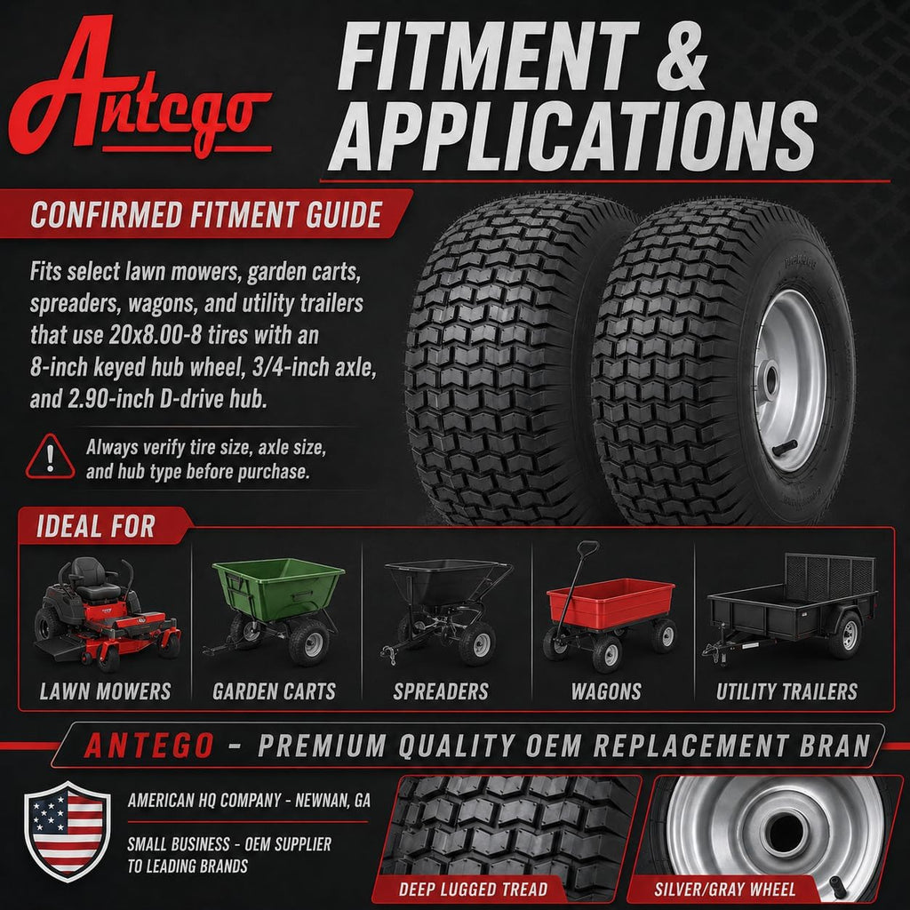 (Set of 2) 20x8.00-8 Lawn & Garden Mower Turf Tires - 4 Ply with Keyed Hub Wheel | Compatible with Husqvarna & Some Craftsman Models