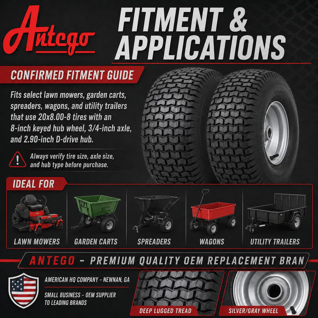 (Set of 2) 20x8.00-8 Lawn & Garden Mower Turf Tires - 4 Ply with Keyed Hub Wheel | Compatible with Husqvarna & Some Craftsman Models