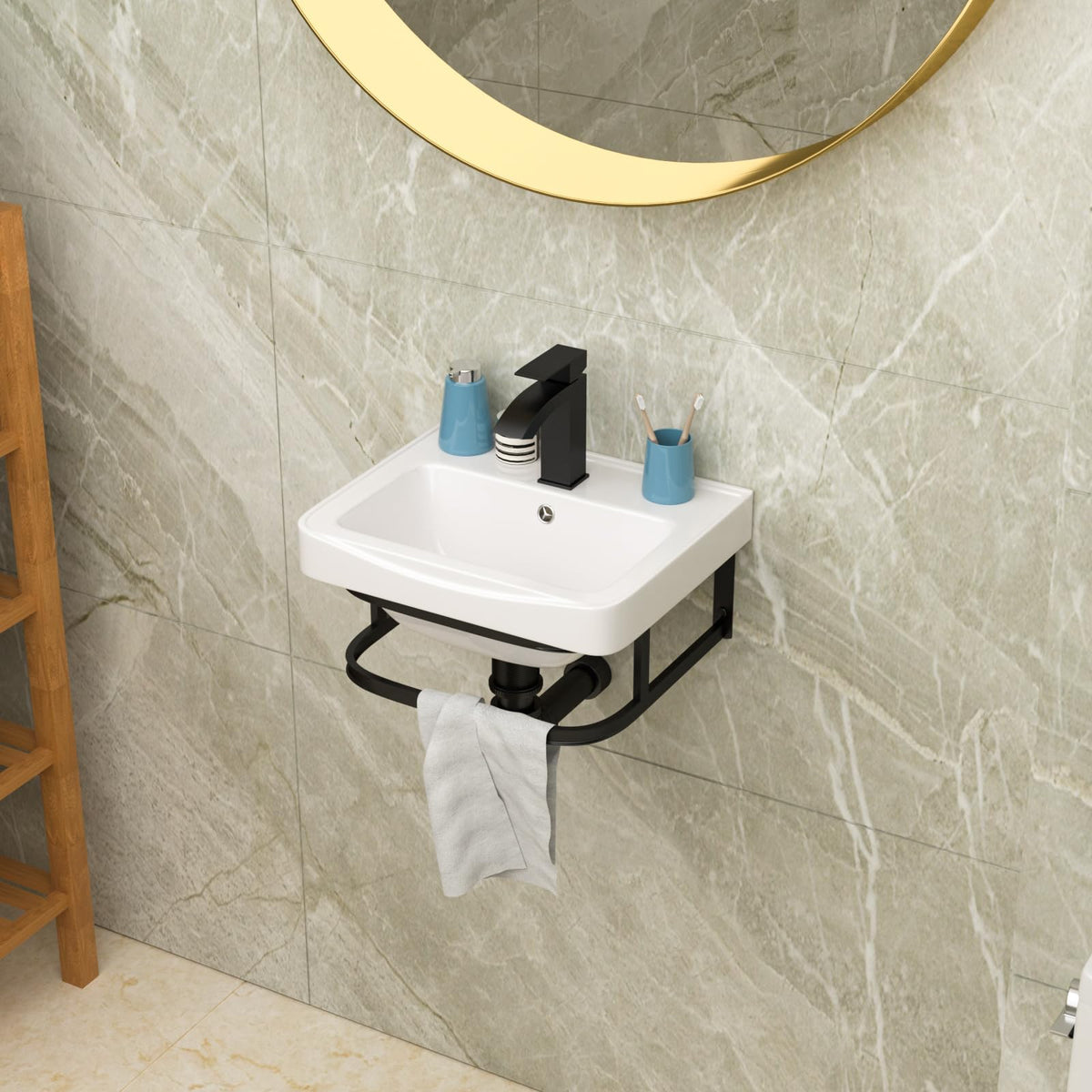 Lordear Wall Mount Bathroom Sink 21x12 Inch White Rectangle Sink with Overflow Porcelain Ceramic Floating Bathroom Vessel Sinks, Wall Hung Wash Hand Basin