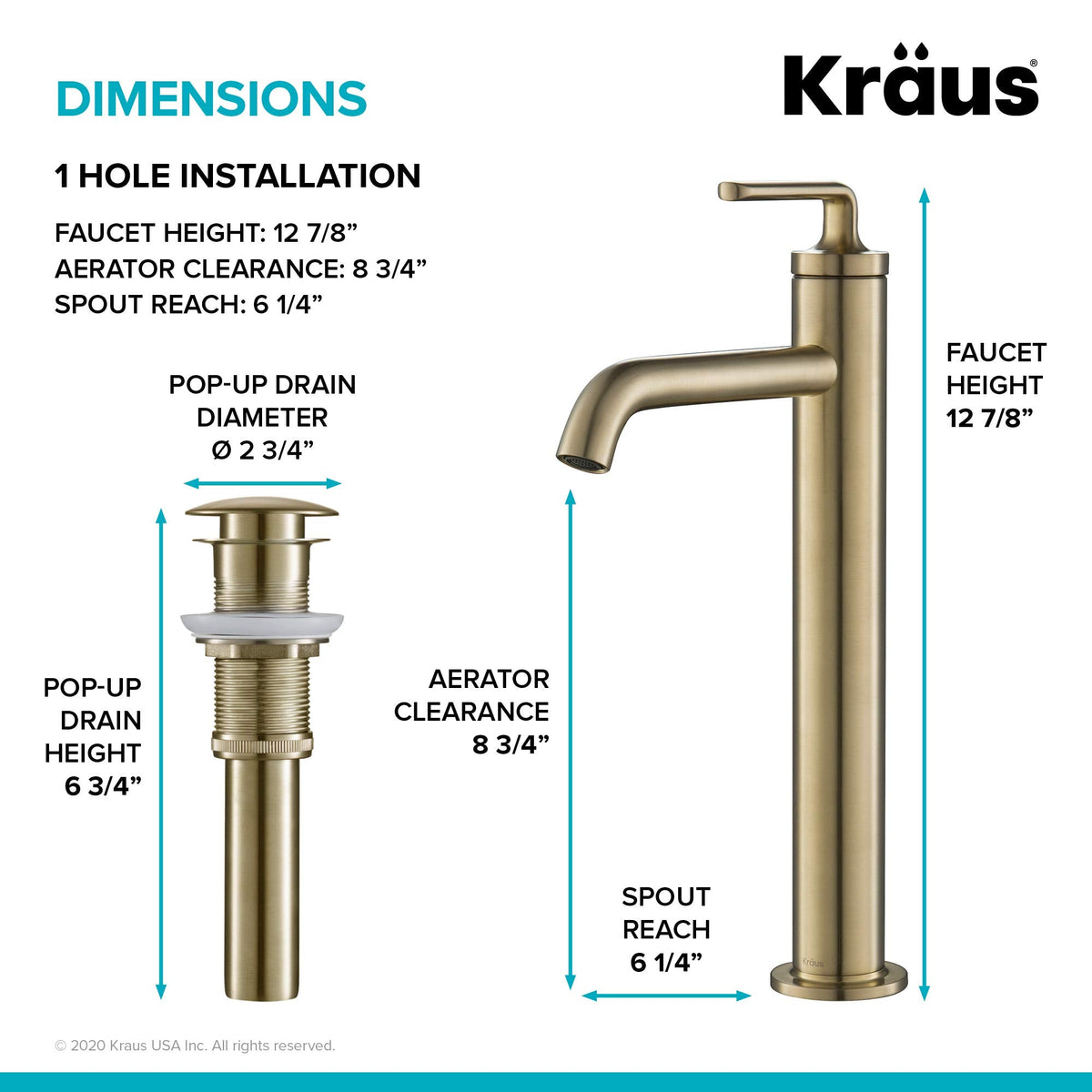 KRAUS Ramus Single Handle Vessel Sink Bathroom Faucet with Pop-Up Drain in Brushed Gold, KVF-1220BG