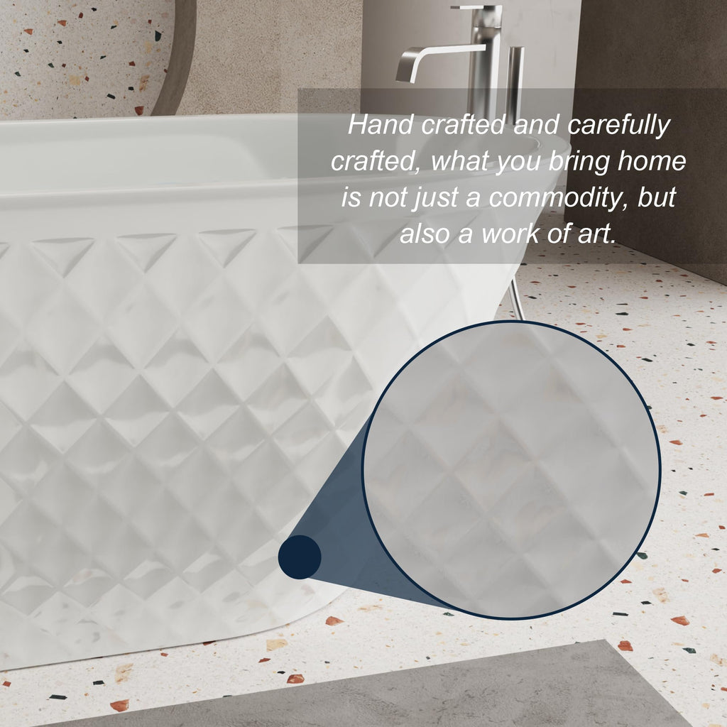 GDFStudio 67" Acrylic Freestanding Bathtub with Diamond Pattern, Modern Oval Soaking Tub, Freestanding Bath Spa Tub, Brushed Nickel Overflow & Pop-Up Drain, cUPC Certified, Glossy White