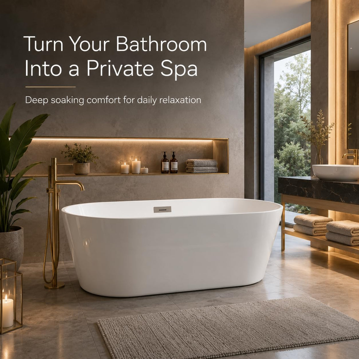 Freestanding Bathtub 59 inch Acrylic Free Standing Tub 59 Inch, Free Standing Tub with Chrome Drain & Overflow, Ergonomic Stand Alone Tub for Small Bathroom or Home Spa