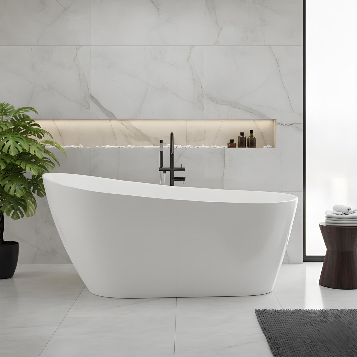 Freestanding Bathtub 59 inch Acrylic Free Standing Tub 59 Inch, Free Standing Tub with Chrome Drain & Overflow, Ergonomic Stand Alone Tub for Small Bathroom or Home Spa