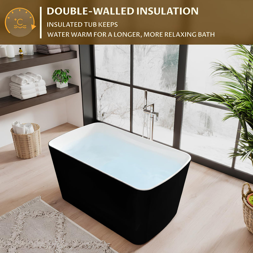 49" Acrylic Freestanding Bathtub - Japanese Square Soaking Tub with Built-in Seat & Toe-Tap Drain, Glossy White Finish, CUPC Certified
