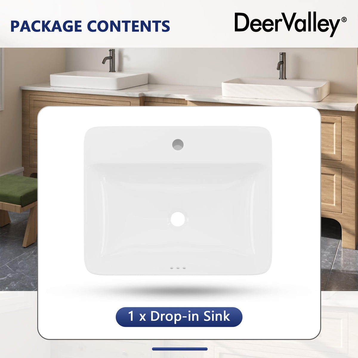 DeerValley Drop In Bathroom Sink White 21"x18" Rectangle Sleek 3-Hole Basin
