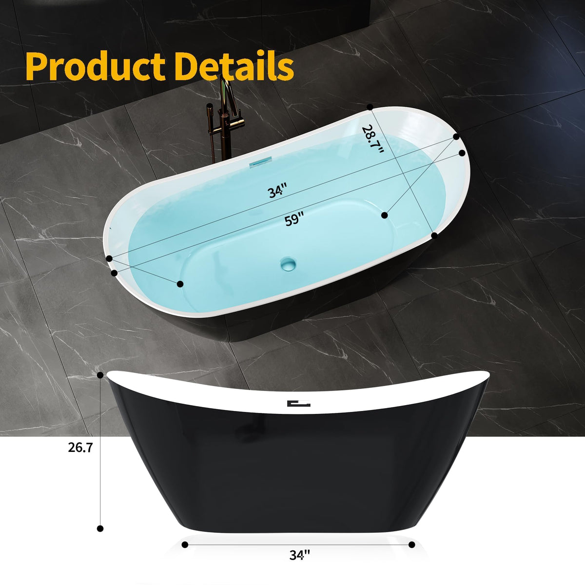 59" Acrylic Freestanding Bathtub, Modern Soaking Tub with Matte Drain and Overflow, Ergonomic Deep Design, Double-Walled Insulation, CUPC Certified, Easy Clean, Slip-Resistant, Gloss White