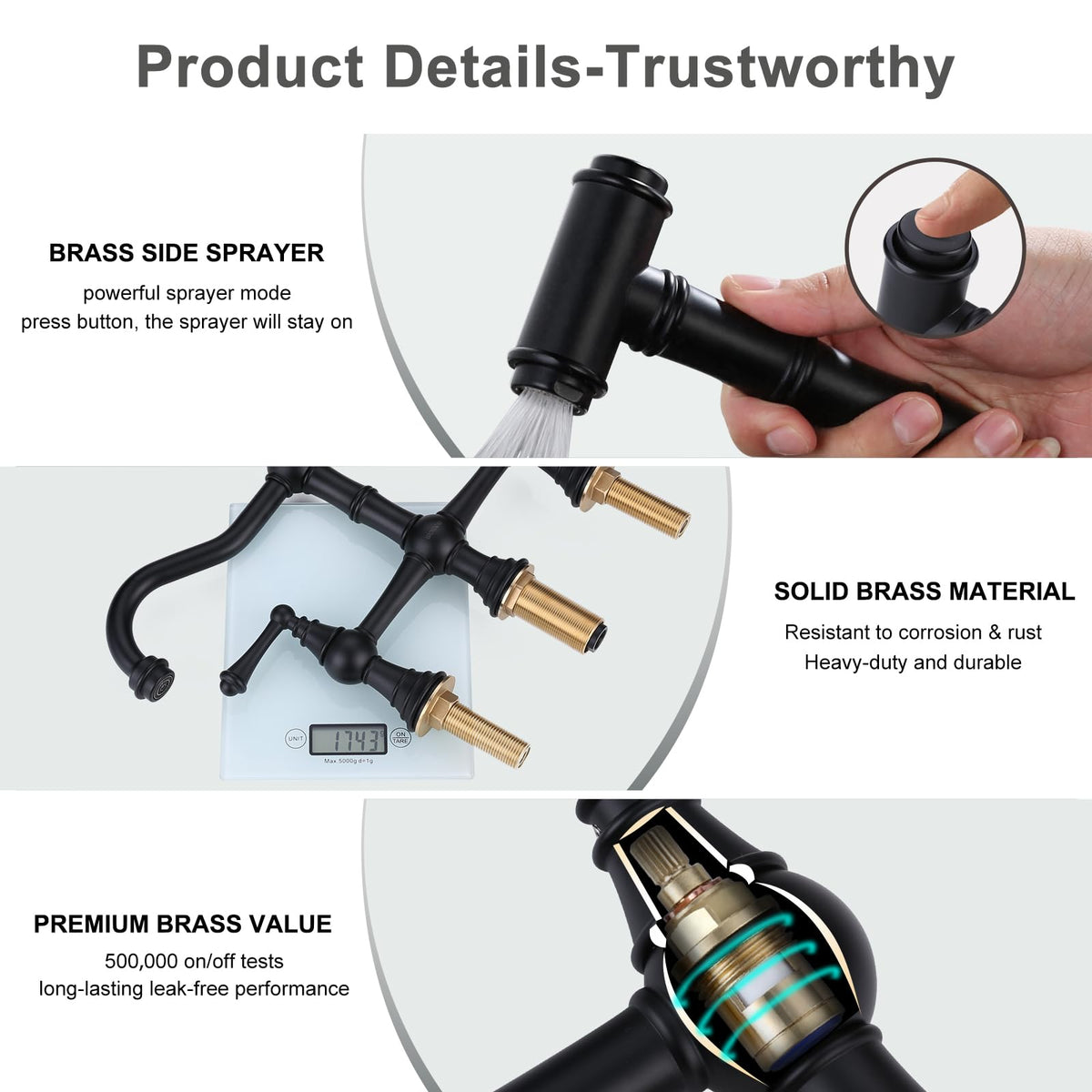 WOWOW Brass Bridge Kitchen Faucet 4 Hole with Side Sprayer, Brushed Gold