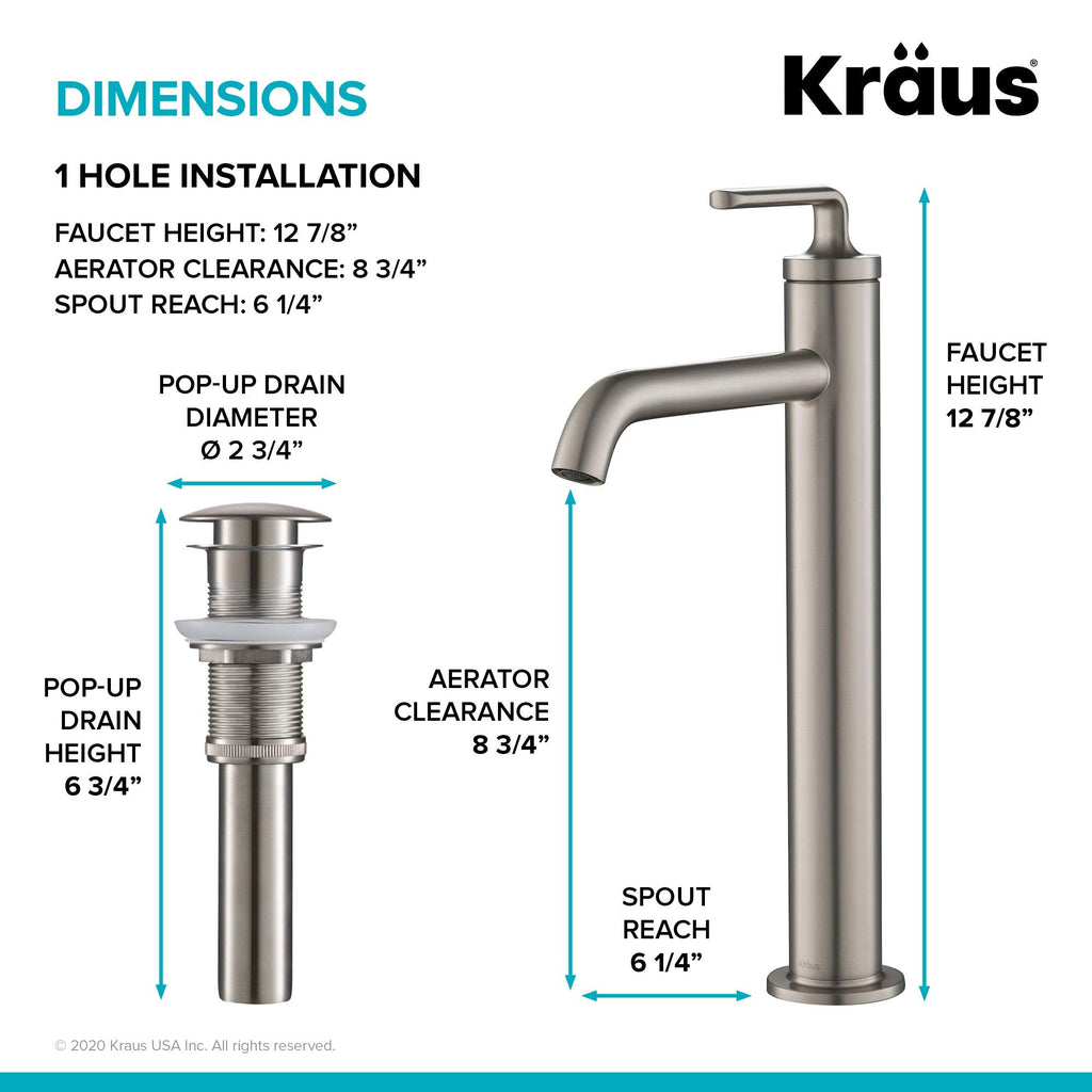 KRAUS Ramus Single Handle Vessel Sink Bathroom Faucet with Pop-Up Drain in Brushed Gold, KVF-1220BG