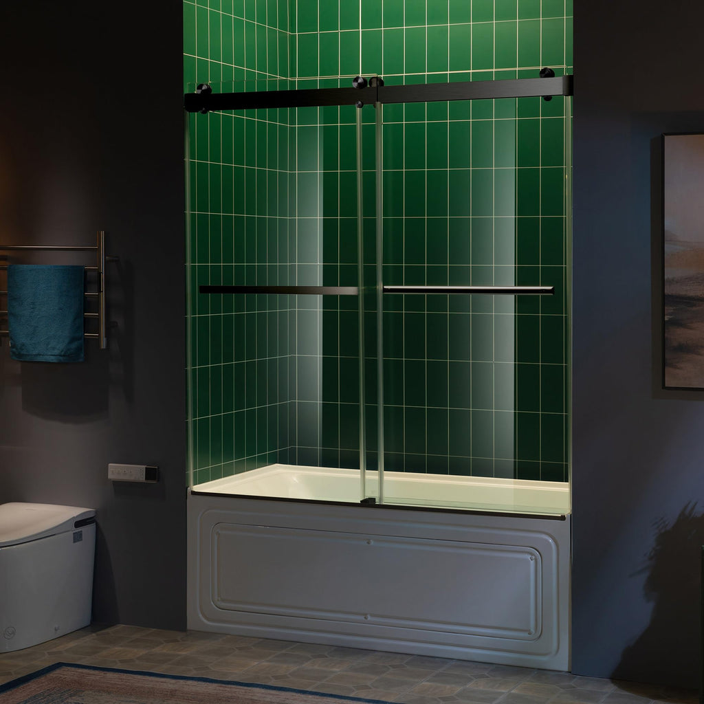 Woodbridge 56-60" W x 62" H Frameless Bathtub Shower Door,Double Sliding Soft-Close Doors,3/8(10mm) Tempered Glass with Explosion Proof Film in Brushed Bronze Finish