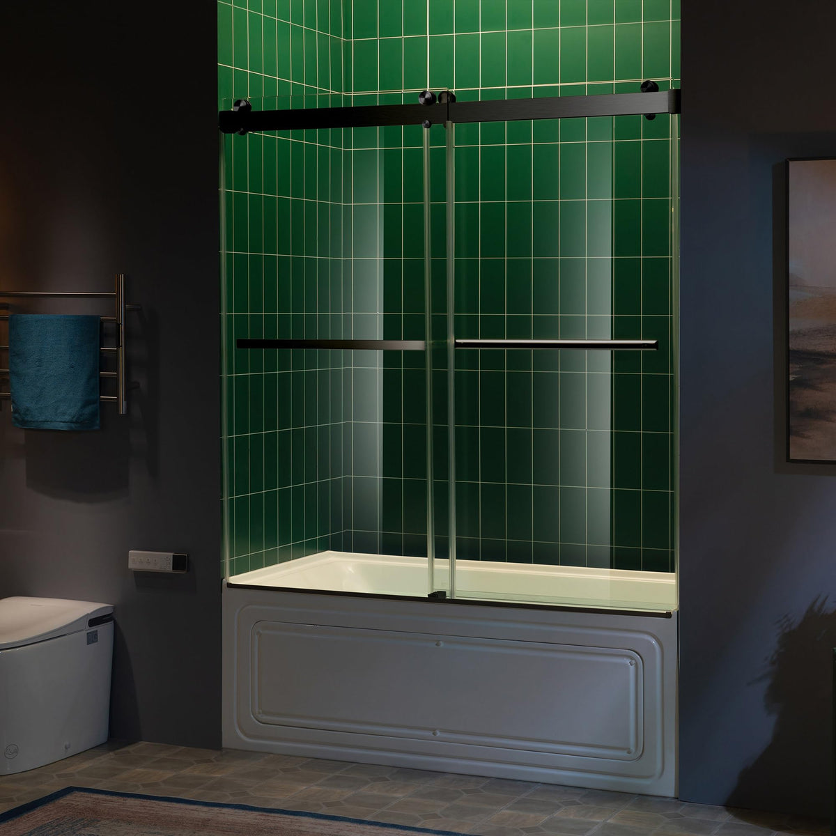 Woodbridge 56-60" W x 62" H Frameless Bathtub Shower Door,Double Sliding Soft-Close Doors,3/8(10mm) Tempered Glass with Explosion Proof Film in Brushed Bronze Finish