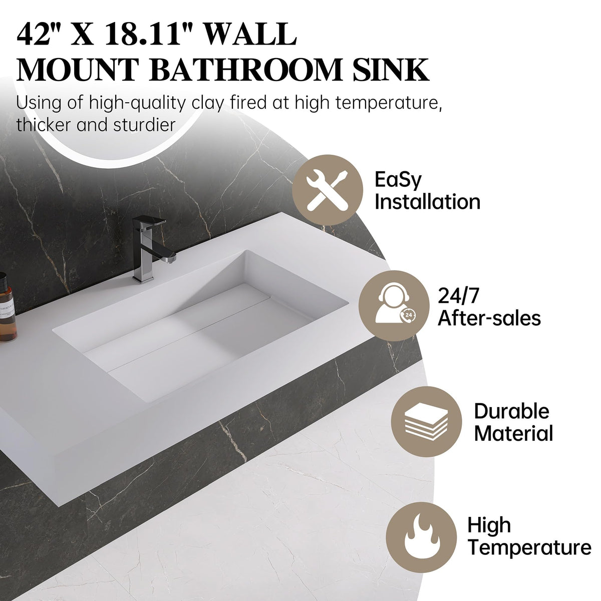 47" Wall Mount Sink, Artificial Stone Bathroom Sink, Single Hole
