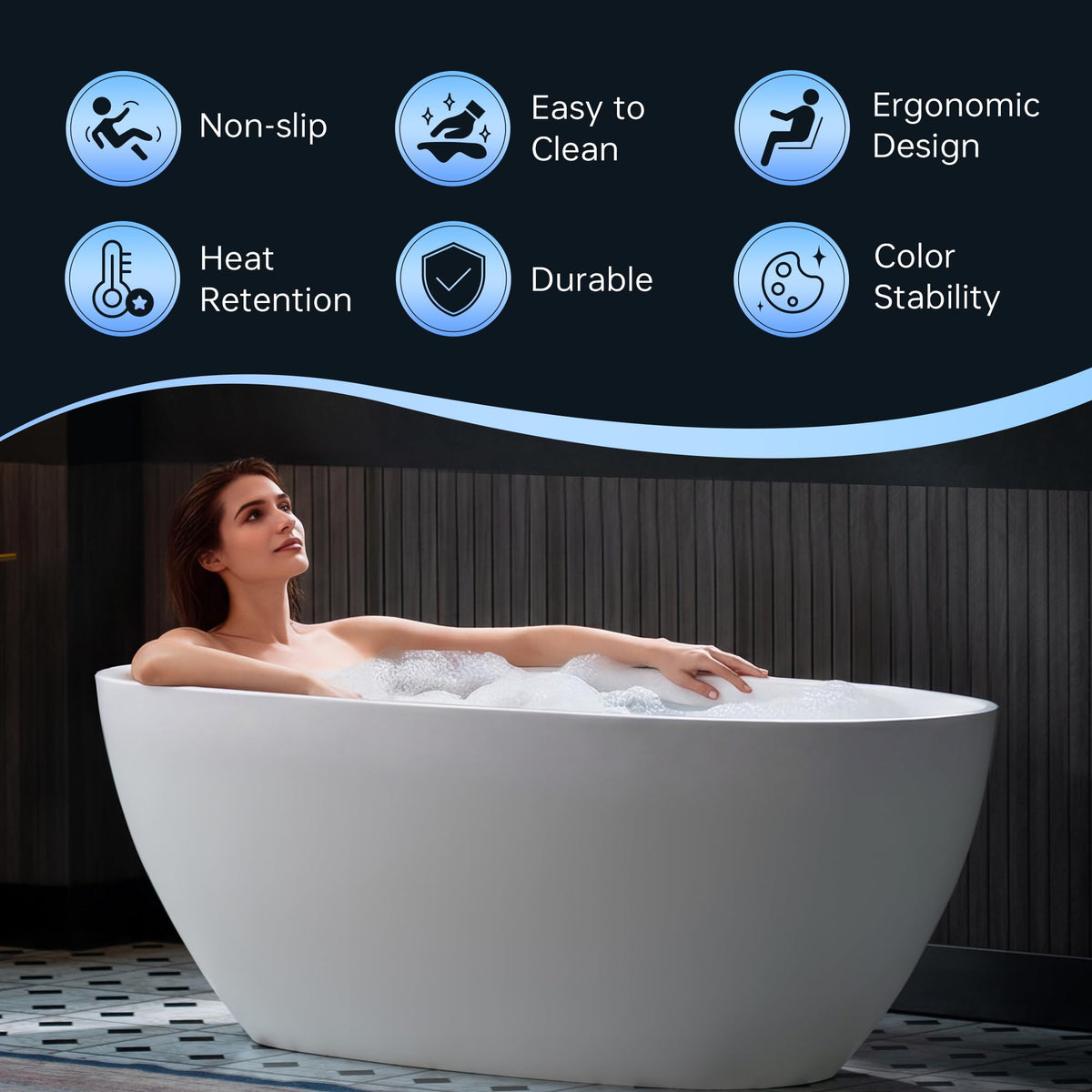 WOODBRIDGE 59" Stone Resin Freestanding Soaking Tub, Modern Oval Solid Surface Bathtub with Integrated Slotted Overflow & Drain, Matte White, B0055