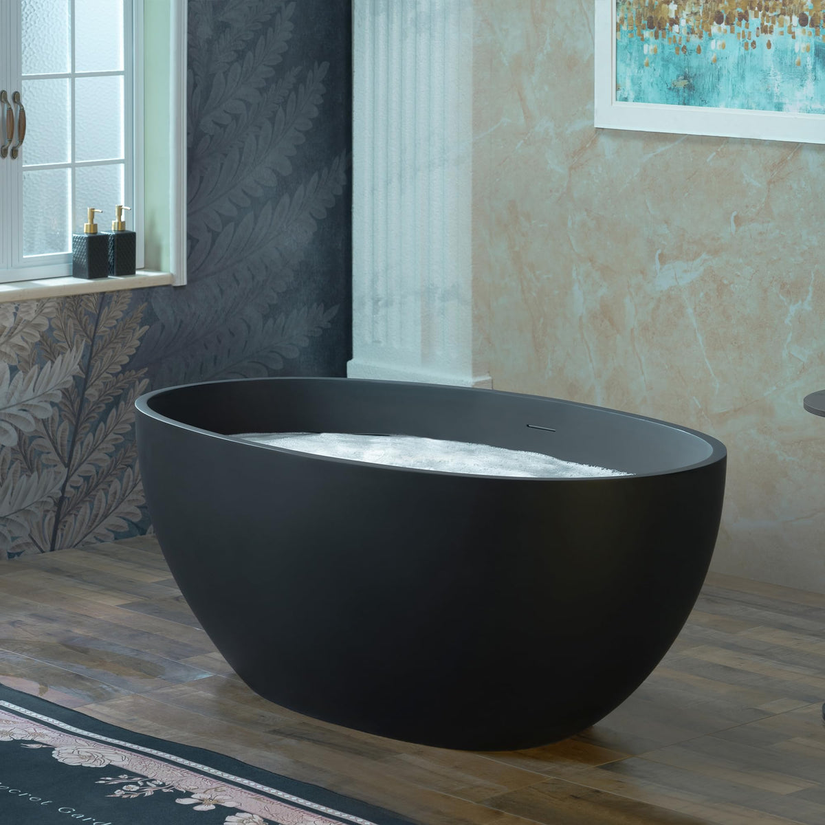 WOODBRIDGE 61" Stone Resin Freestanding Soaking Tub, Modern Oval Solid Surface Bathtub with Integrated Slotted Overflow & Drain, Matte White